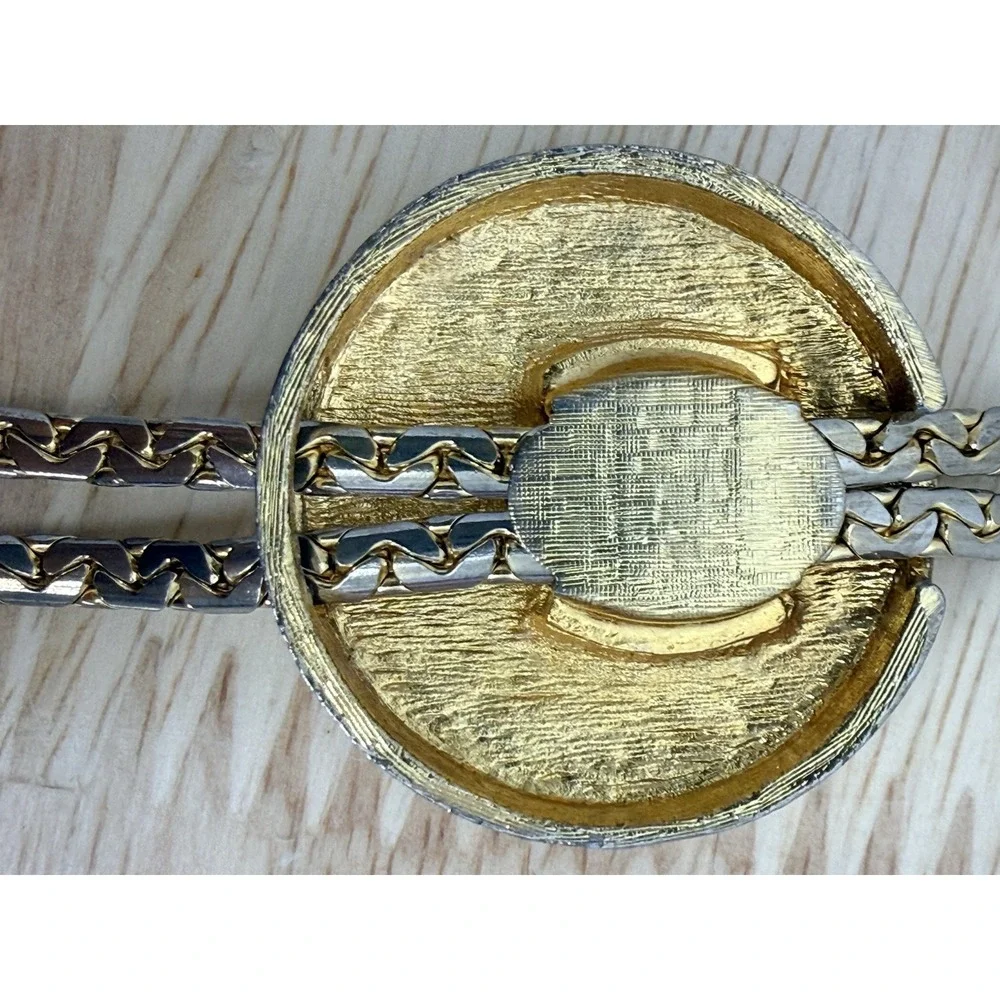 Vintage Gold Tone Bolo Slide‎ Necklace Yellow Enamel Round Pendant Lariat Tassel
